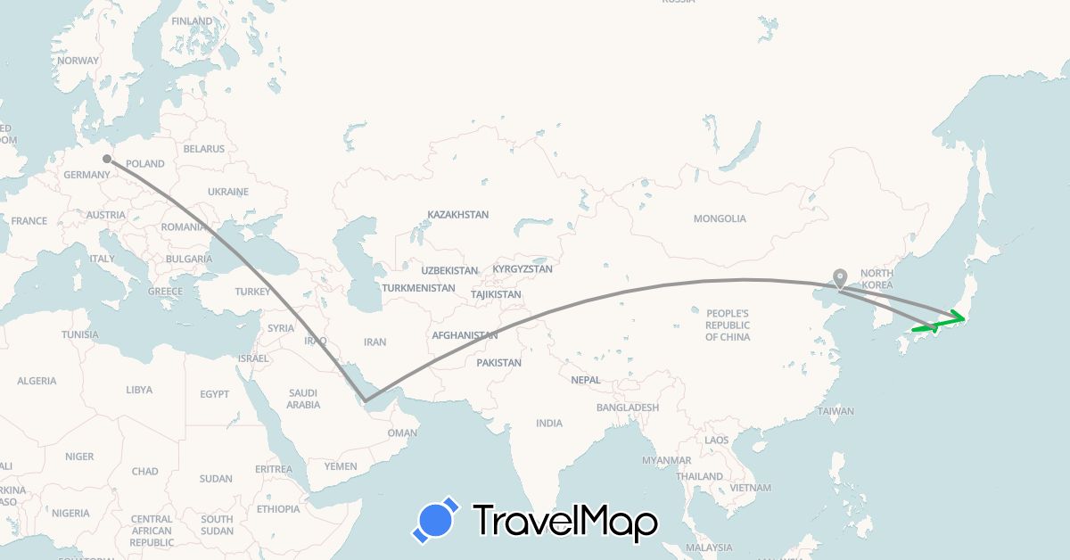 TravelMap itinerary: driving, bus, plane in China, Germany, Japan, Qatar (Asia, Europe)